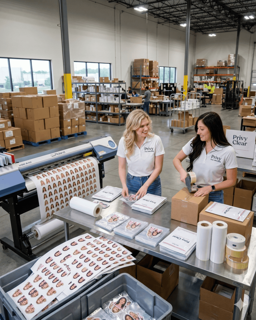 Warehouse packaging with Privy Clear branding and equipment.