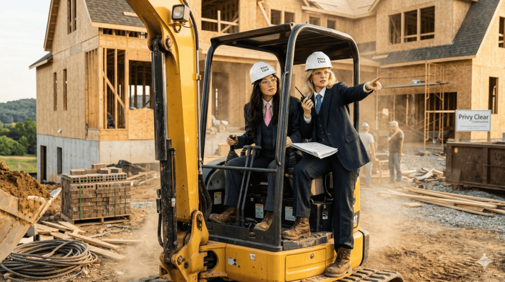 Women construction managers discussing project plans on site.
