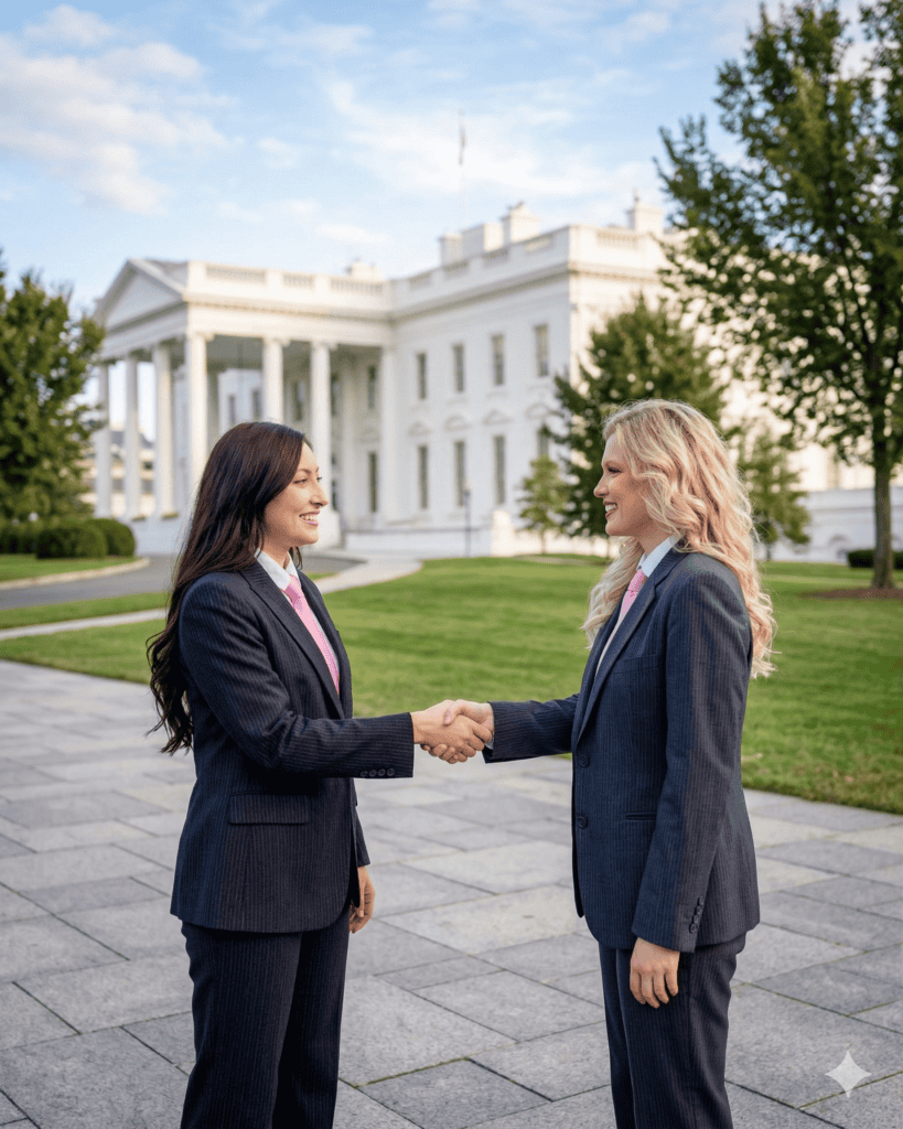 Two women in business suits shaking hands outside the White House.