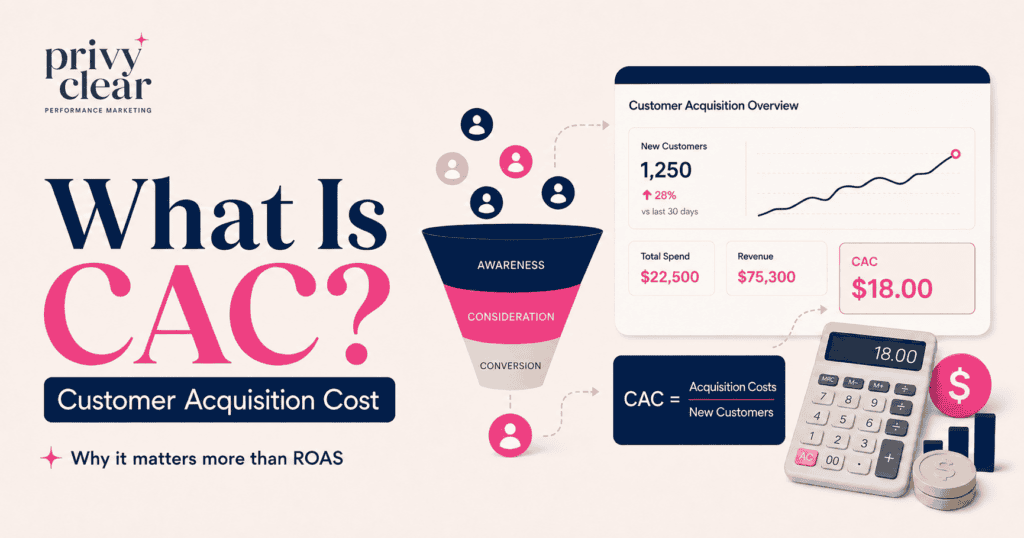 Privy Clear graphic explaining customer acquisition cost (CAC) with a marketing funnel, customer icons, dashboard metrics, calculator, and CAC formula.