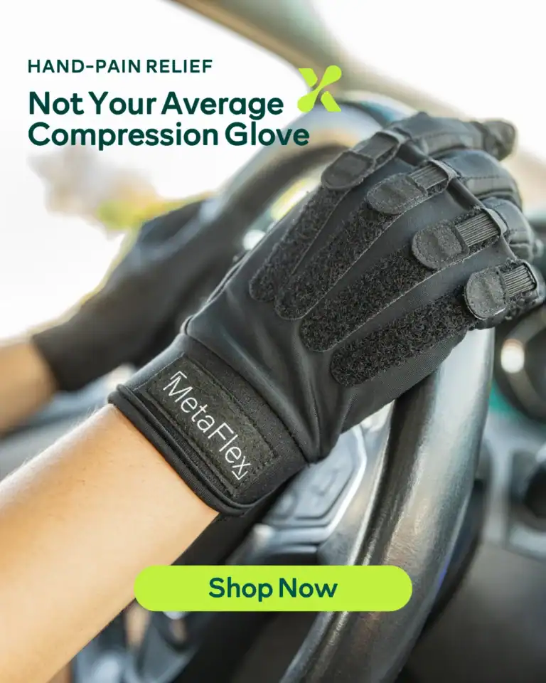 MetaFlex ad: hand-pain relief glove on a steering wheel
