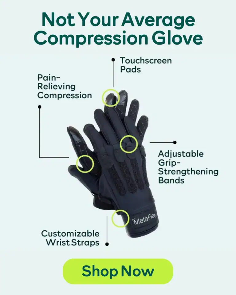 MetaFlex ad: compression glove with its four features called out