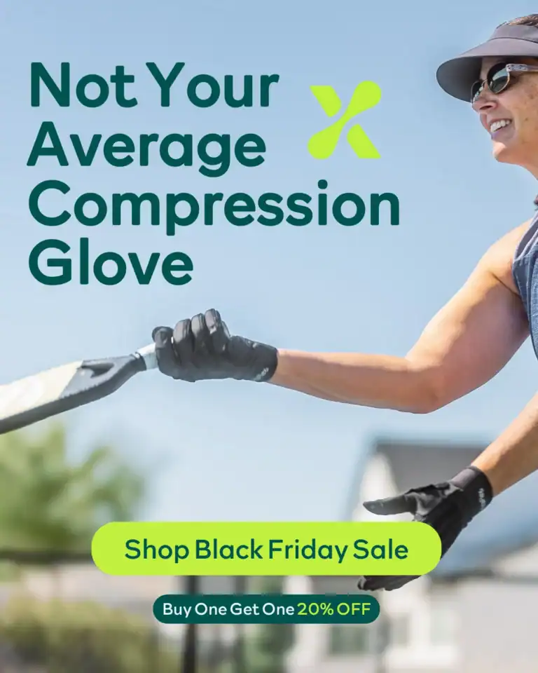 MetaFlex ad: Black Friday sale, pickleball player wearing the glove
