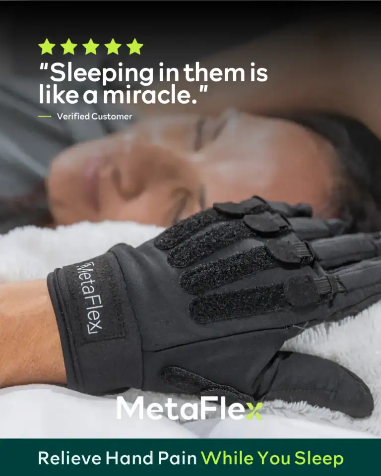 MetaFlex ad: five-star review, relieve hand pain while you sleep