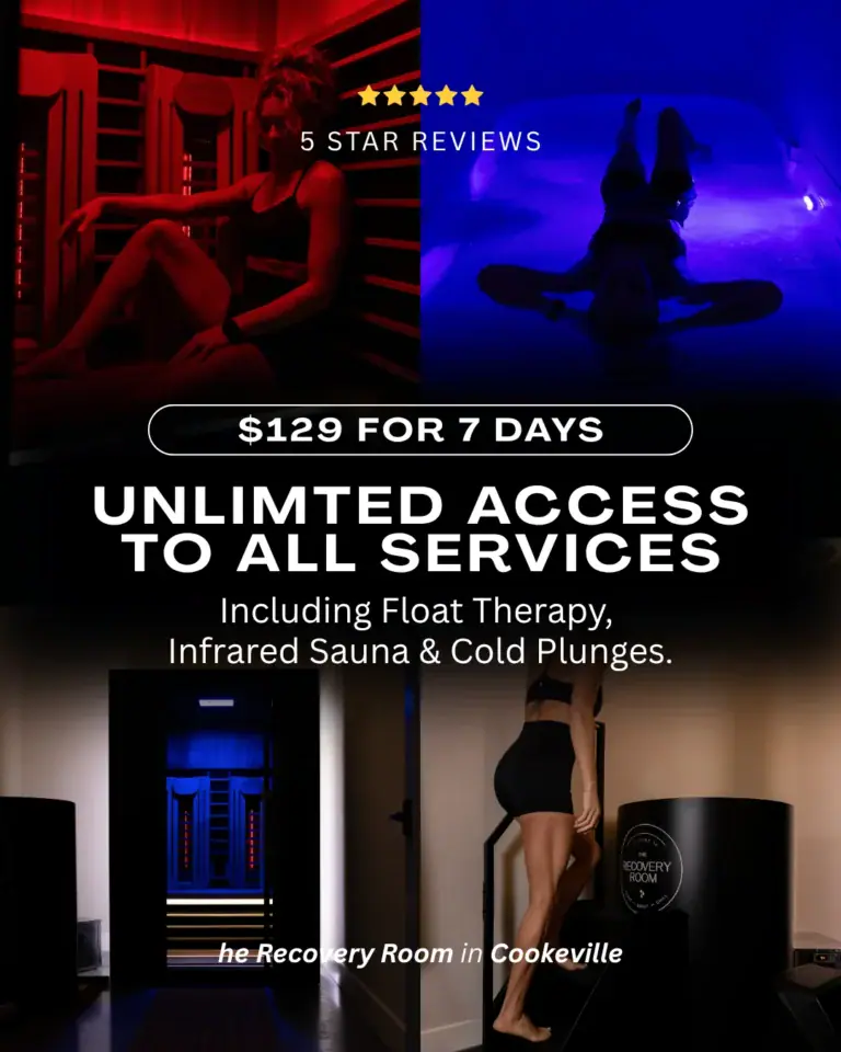 The Recovery Room ad: $129 for 7 days of unlimited float, sauna and cold plunge