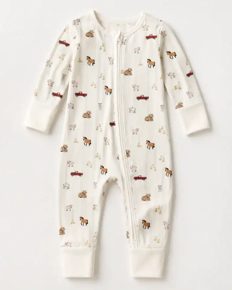 Remi & Capri ad: farm animal print zip sleeper on white
