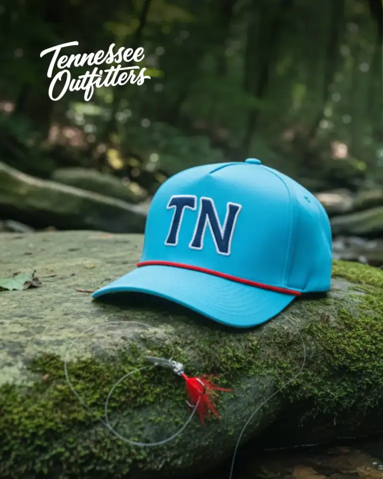 Tennessee Outfitters ad: blue TN hat on a mossy creek rock
