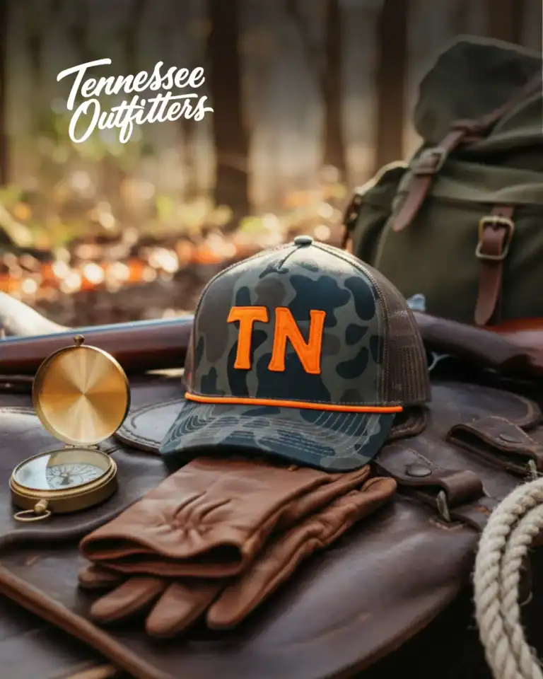 Tennessee Outfitters ad: camo TN hat with an orange rope on a leather saddle