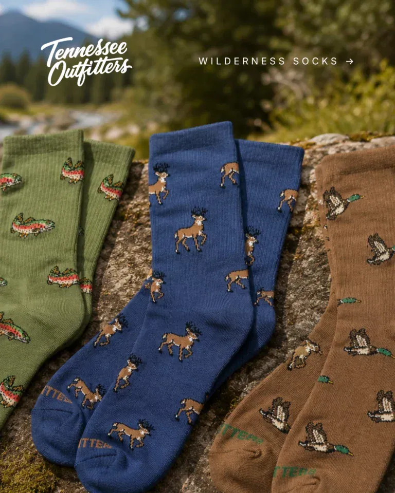 Tennessee Outfitters ad: wilderness socks with trout, deer and duck prints