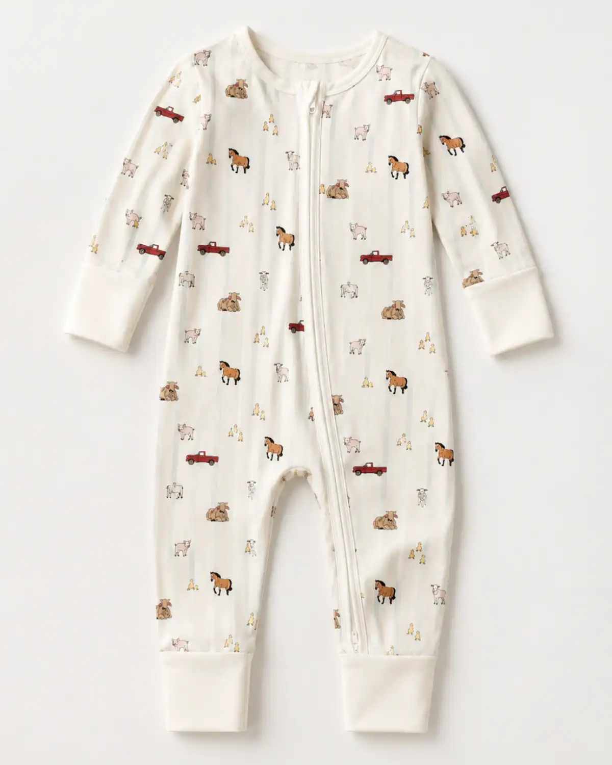Remi & Capri Meta ad: farm animal print zip sleeper on a plain white background