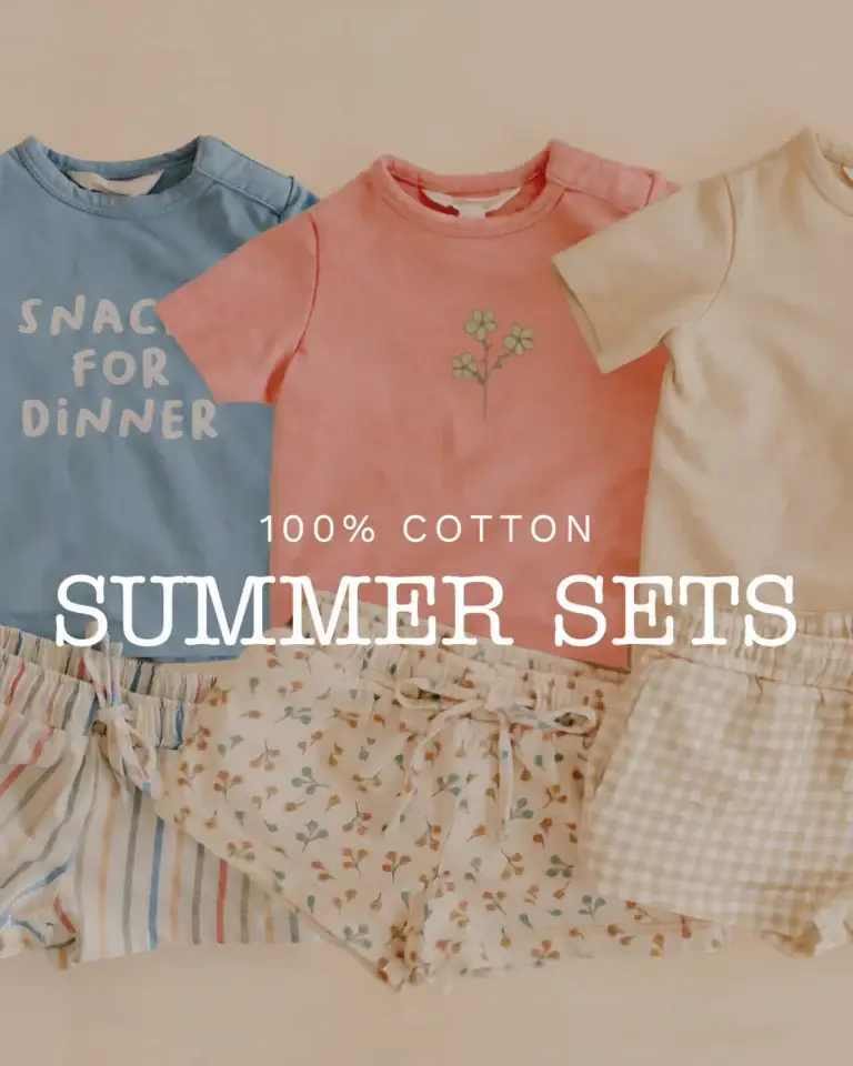 Remi & Capri Meta ad: three cotton summer sets laid flat with printed shorts