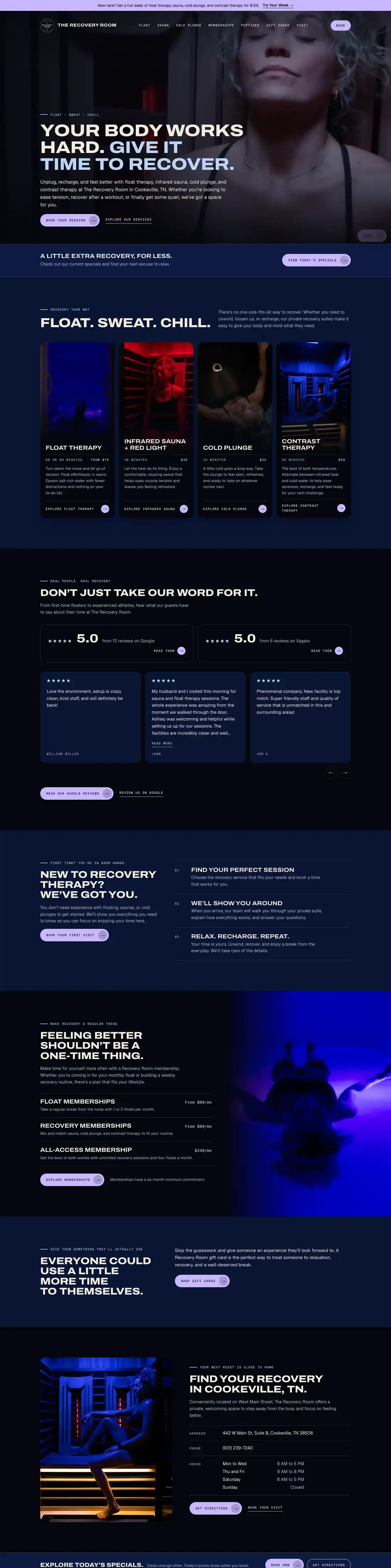 The Recovery Room homepage, top to bottom, on desktop