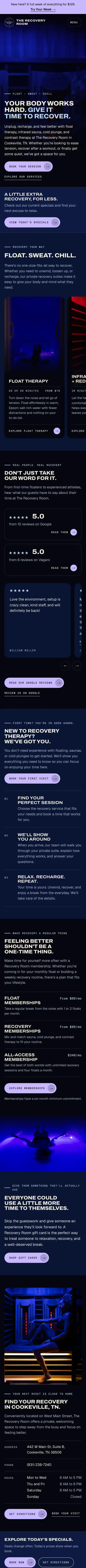 The Recovery Room homepage, top to bottom, on a phone